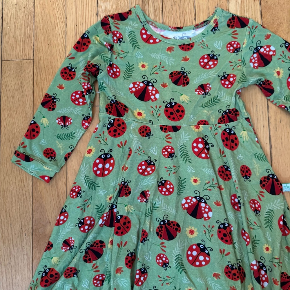Pure Bambinos Girls Green Ladybug Bamboo Viscose Twirl Dress Size 7Y‎ NWT